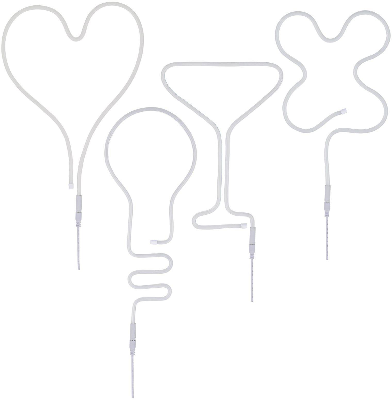 Vier witte neonlichten vormen een hart, een gloeilamp, een cocktailglas en een bloem.