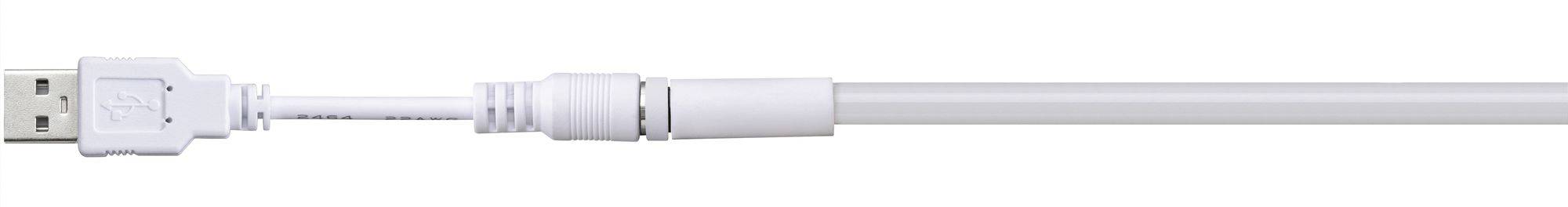 Een wit USB-kabel met een afneembare stekker, liggend op een witte achtergrond.