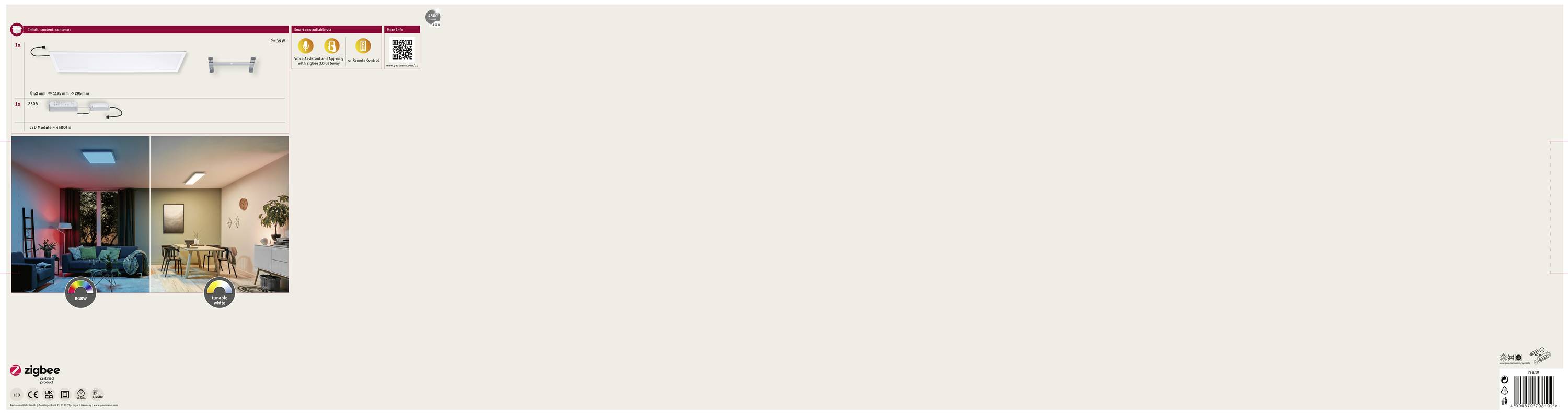 Een woonkamer met blauwe verlichting. Een app op een tablet toont opties voor het regelen van de helderheid en kleur van de verlichting.