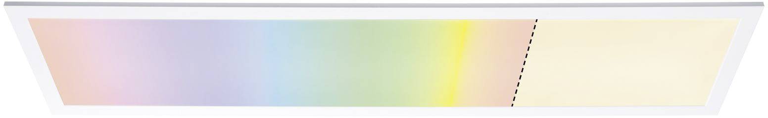 Een rechthoekig LED-paneel met kleurovergang van blauw via groen naar geel en een afgesloten gedeelte in warm wit licht.