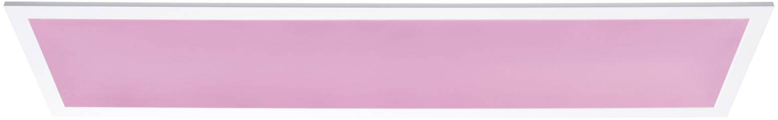 Rechthoekige, platte plafondlamp met roze licht. Modern design.