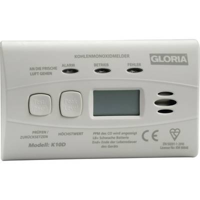 Gloria K10-D Koolmonoxidemelder  Incl. batterij (10 jaar) werkt op batterijen Detectie van Koolmonoxide