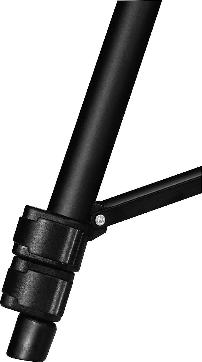 Een zwart statief-been met een vergrendelingsmechanisme voor hoogteinstelling, onderdeel van een fototoestel-statief. Ideaal voor stabiele camerapositonering.