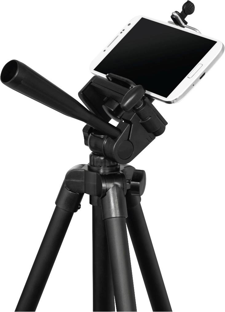 Een zwart telescopisch statief met bovenaan een smartphonehouder waarin een wit smartphone is vastgeklemd.