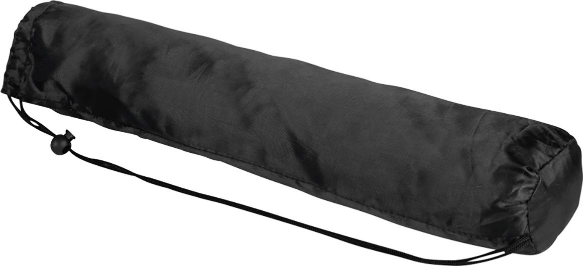 Zwarte stoffen tas met trekkoord, cilindrische vorm, licht glanzend. Ideaal voor het opbergen van langwerpige voorwerpen.