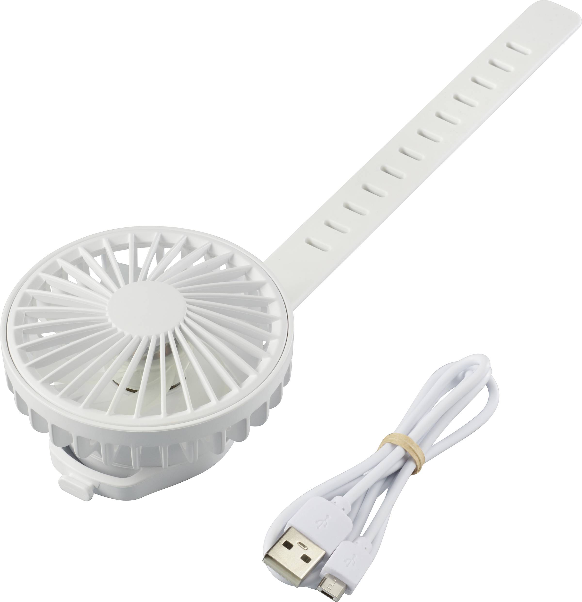 Een kleine, draagbare, witte ventilator met een flexibele bevestigingsarm en USB-oplaadkabel. Ideaal voor onderweg en gemakkelijk te monteren.