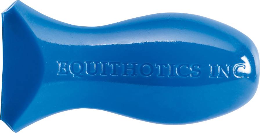 Blauwe kunststof massagestift met opdruk 'EQUITHOTICS INC.' Geschikt voor gebruik op grotere oppervlakken tijdens massages.