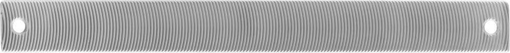 Een rechthoekig, zilver verwarmingspaneel met parallelle horizontale lijnen en twee gaten aan de uiteinden.