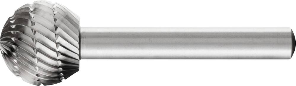 Metalen freesstift met een bolvormige kop en spiraalvormige snijvlakken, geschikt voor het bewerken van verschillende materialen.