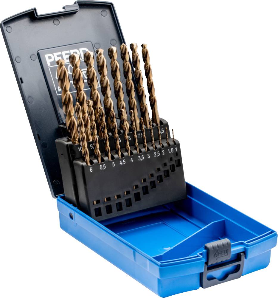 Een set boren in een blauwe doos, verschillende maten van 1 tot 10 mm, gerangschikt in een houder waarbij de formaten zichtbaar zijn.
