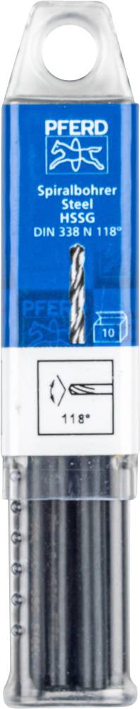 'PFERD Spiraalboor Staal HSSG DIN 338 N 118°', Verpakking met borenset, toont boorgrootte 10 mm, geschikt voor staal.