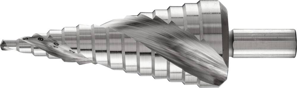 Trapsgewijze metalen boor met spiraalvormige snijrand voor het boren van gaten met verschillende diameters in dunne materialen.