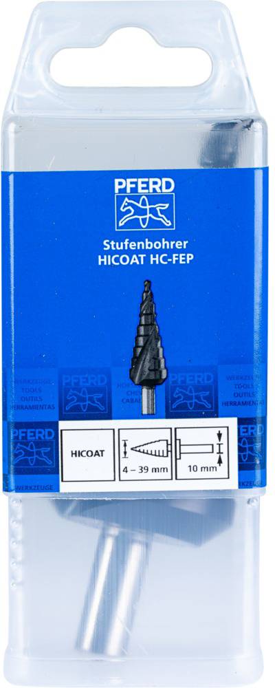 Verpakking met trapsgewijze boor 'HICOAT HC-FEP', geschikt voor boringen van 4 tot 39 mm, 10 mm schacht. Bevat productafbeelding en logo's.