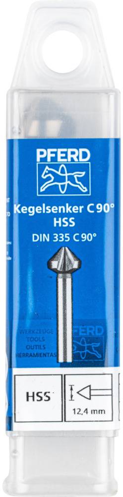 Verpakking van een verzinkboor 90°, HSS, merk 'PFERD', 12,4 mm diameter, DIN 335 C 90°, voor metaalbewerkingen.