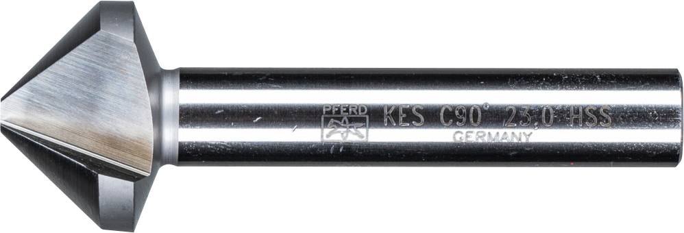 Metalen verzinkboor met een puntige kop en cilindrische handgreep. Opschrift 'KES C90 22.0 HSS GERMANY'. Gereedschap voor het verzinken.