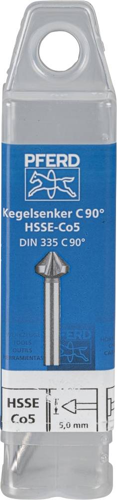 Kunststof verpakking met etiket 'Verzinkboor 90°, HSSE-Co5, DIN 335 C 90°'. Bevat een metalen verzinkboor.