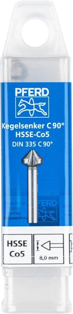 Verpakking van een PAARD verzinkboor. Opschrift: 'Verzinkboor C 90°, HSSE-Co5, DIN 335 C 90°', diameter 8,0 mm.