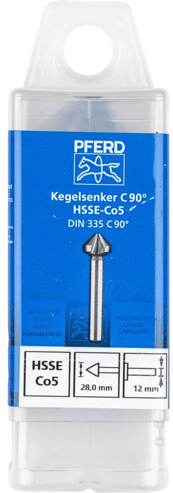 Verpakking van een 'Conische verzinkboor 90°', merk 'PFERD', vervaardigd uit HSSE-Co5. Afmetingen: schachtdiameter 12 mm, verzinkdiameter 28 mm.