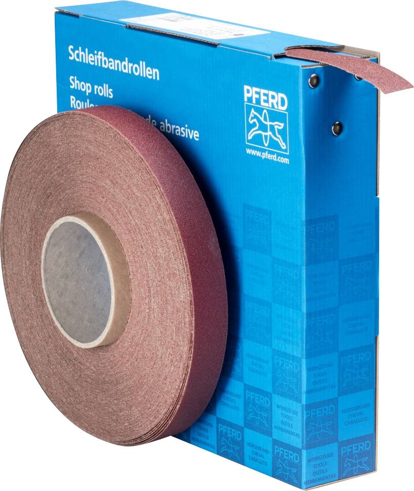 Een rol rood schuurband, verpakt in een blauwe doos met het opschrift 'Schuurbandrollen'. Merk 'Pferd'.
