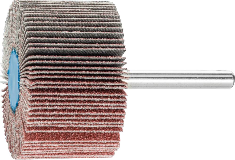 Slijpopzetstuk in cilindervorming met talrijke lagen. Metalen staaf steekt aan de zijkant uit, gebruikt voor fijne oppervlaktebewerking.