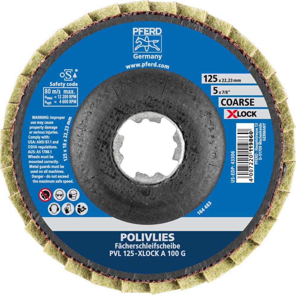 'PFERD Waaierslipschijf' met veiligheidsinformaties, toegestane snelheid (80 m/s) en grove korrelgrootte 'COARSE'. X-Lock-systeem.