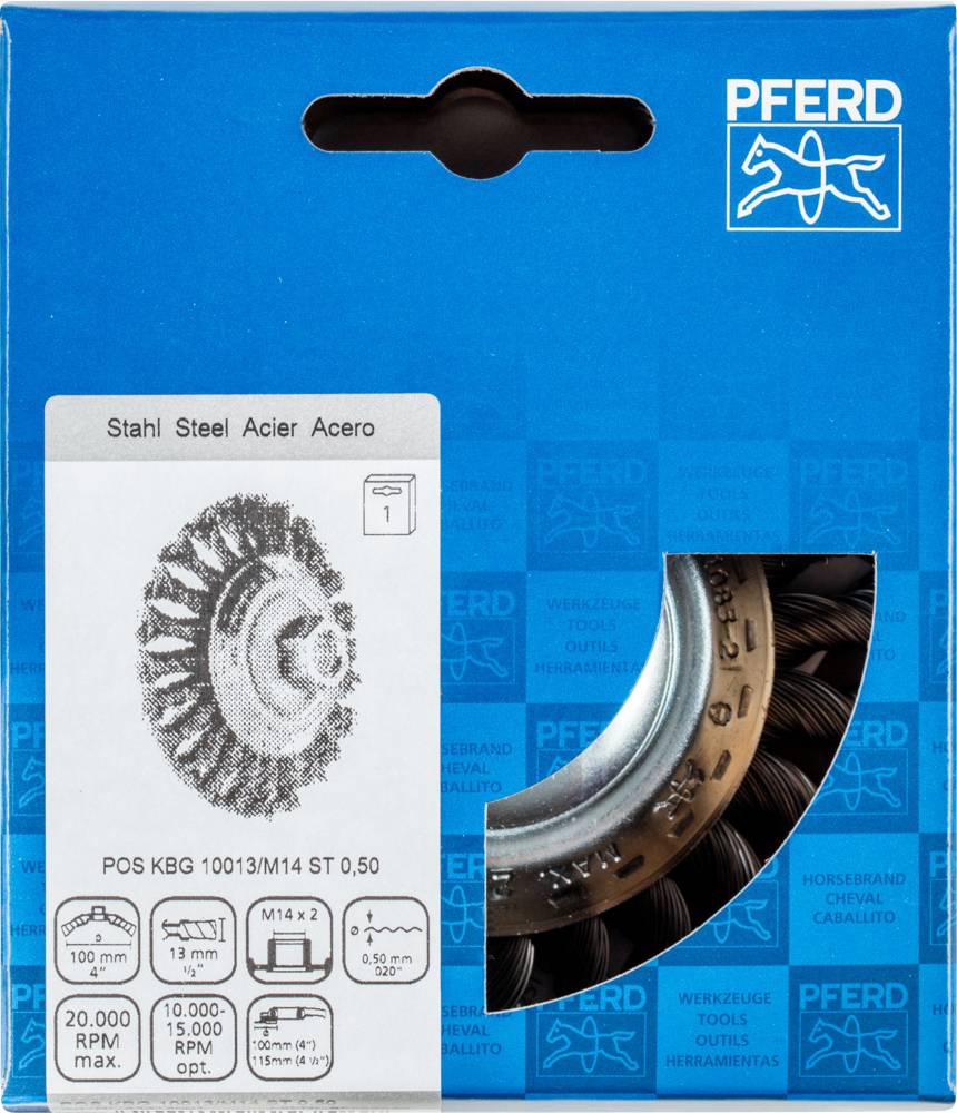 Verpakking van een stalen borstel van het merk PFERD, toont productafbeelding en technische specificaties: POS KBG 100/13/M14 ST 0,50, max. 20.000 tpm, M14 x 2.
