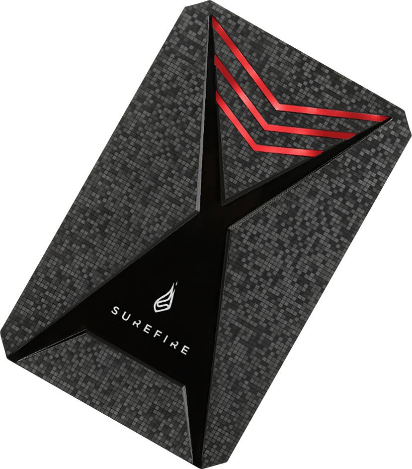 Externe harde schijf met modern design; zwarte behuizing met geometrische patronen en rode accenten; merknaam 'Surefire' zichtbaar.