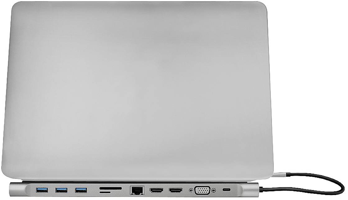 Een laptop met een aangesloten multipoort dockingstation met USB-poorten, kaartlezer, HDMI, VGA en Ethernet-verbinding.