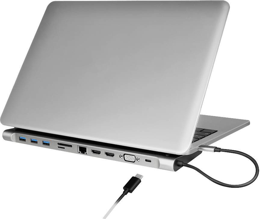 Een geopende laptop met een aangesloten dockingstation dat meerdere USB- en HDMI-poorten, evenals een Ethernet-poort biedt.