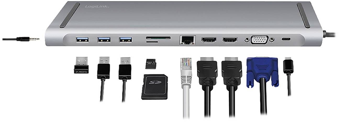 Een dockingstation met meerdere poorten: USB, Ethernet, HDMI, VGA en een SD-kaartsleuf, met bijbehorende kabels eronder.