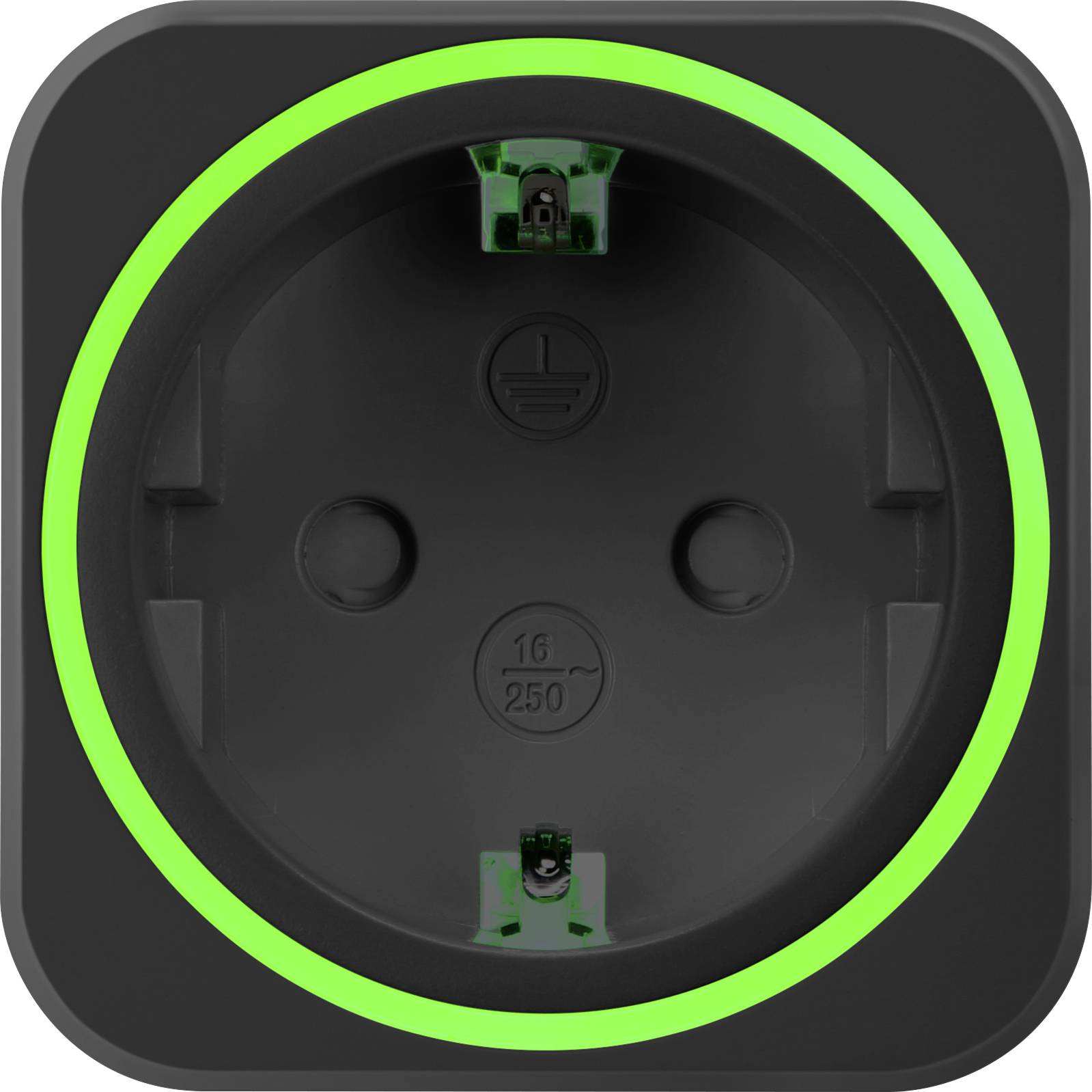 Een stopcontact met een groene LED-ring die aangeeft dat het is ingeschakeld of gereed is.