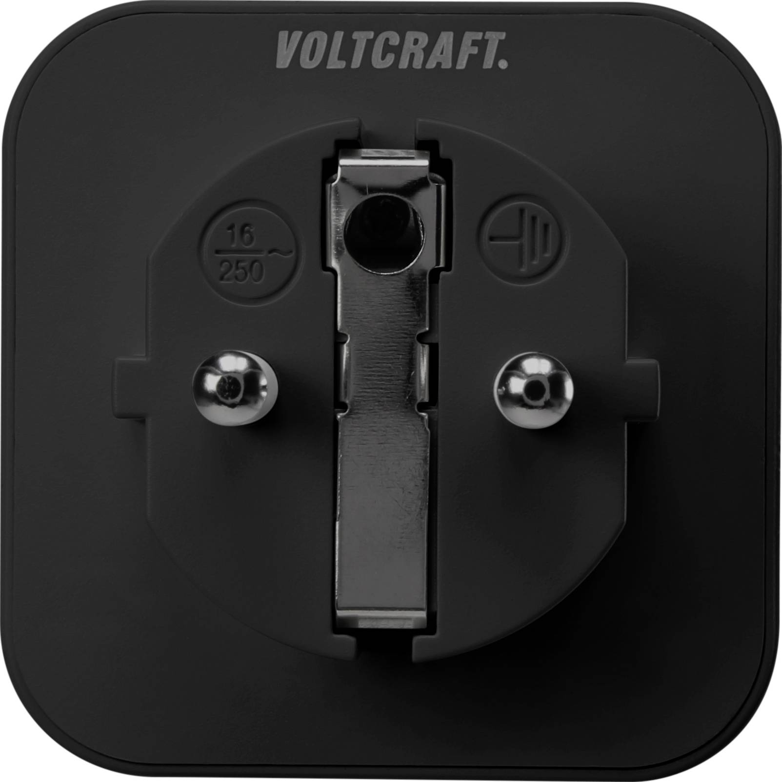 Zwarte Voltcraft-adapterstekker, geschikt voor een spanning van 250 V en 16 A, met twee metalen contacten.