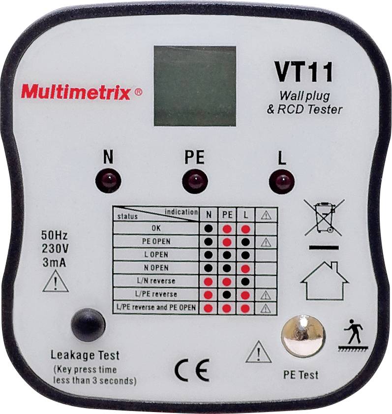 Multifunctionele stopcontacttester met LED's voor foutdiagnose en weergave van teststatussen. Modelnaam 'VT11'.