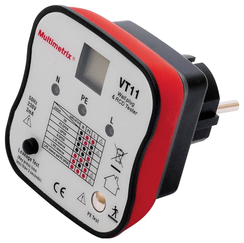 Een elektrisch apparaat, een stopcontacttester, toont verschillende statusSignalen via LED's. Het controleert de bedrading en aardlekschakelaar.