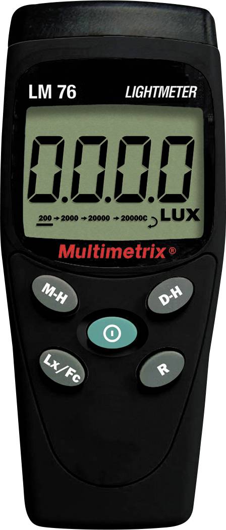 Luxmeter met digitaal display toont '0.0.0.0'. Toetsen voor meetopties en eenheidsselectie eronder. Merk: Multimetrix.