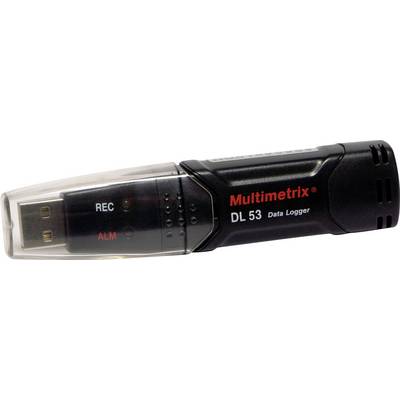 Een USB-datalogger 'Multimetrix DL 53' met record- en alarmweergave aan de zijkant, gebruikt voor het vastleggen van meetgegevens.