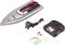 Speelgoed RC-speedboot set met afstandsbediening, oplader, batterij en reserveonderdelen. Hoofdkleuren zijn grijs en rood.