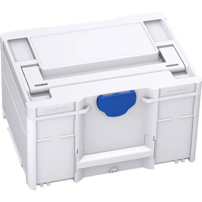 Een witte kunststof gereedschapskist met een blauwe handgreep, geschikt voor opslag en transport van gereedschappen en toebehoren.