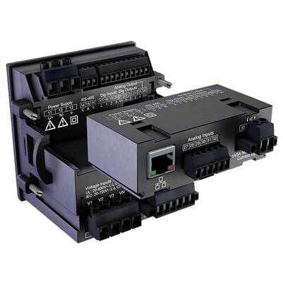 Twee zwarte modulaire elektronische apparaten met verschillende aansluitingen voor stroomvoorziening, analoge en digitale ingangen en uitgangen.