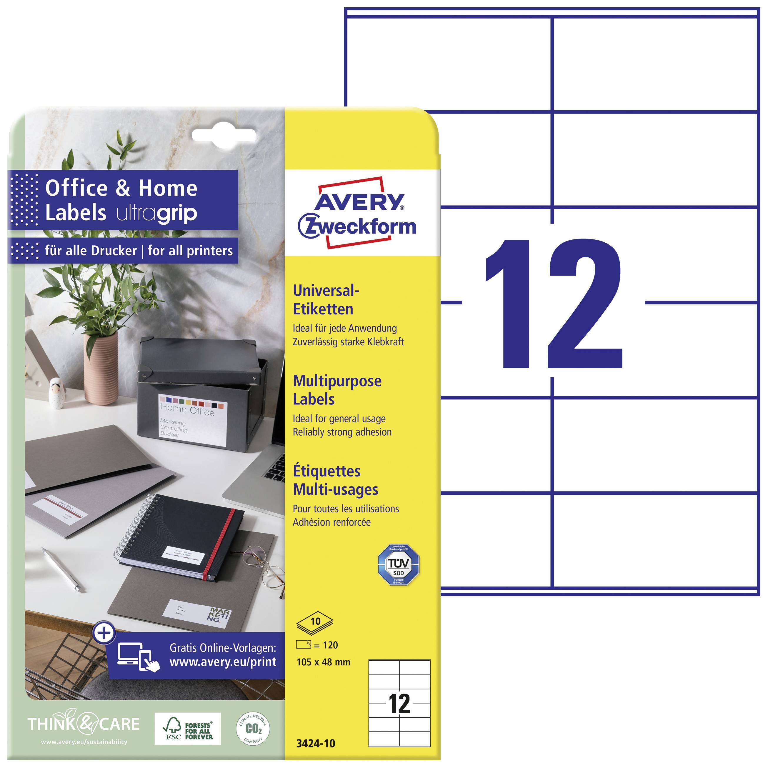 'Office & Home Labels Ultragip' verpakking, 12 stickers per vel voor printers, geschikt voor veelvuldig gebruik, met een blauw-wit ontwerp.