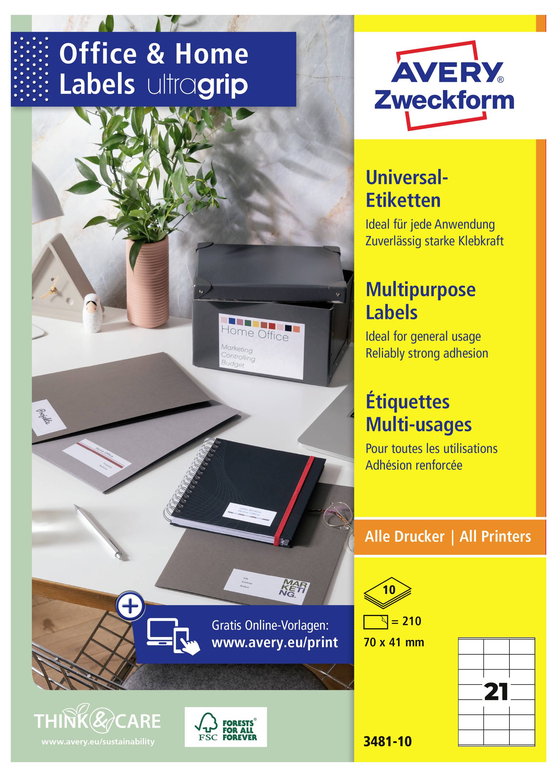 Avery Zweckform kantoor- en thuislabels ultragrip verpakking met universele multifunctionele labels, geschikt voor alle printers, 70 x 41 mm, 21 per vel.