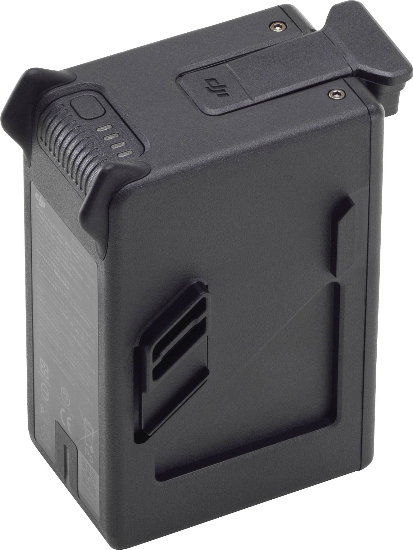 Een zwarte lithium-polymeer accu met afgeronde hoeken en een sluitingsmechanisme, geschikt voor drones.