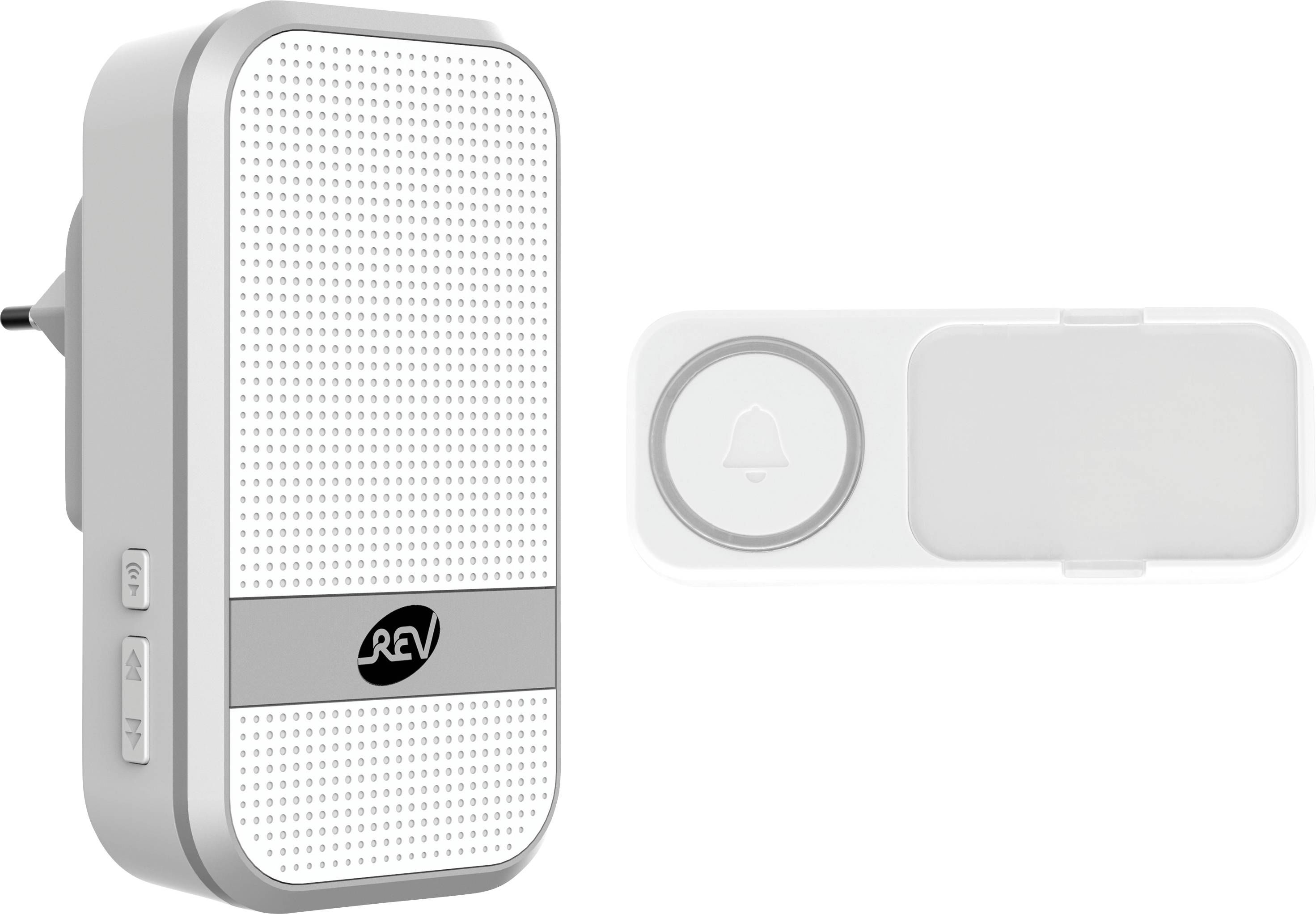 Draadloze deurbel-set met ontvanger en zender, modern design. De ontvanger wordt op het stopcontact aangesloten, zender met belsymbool.
