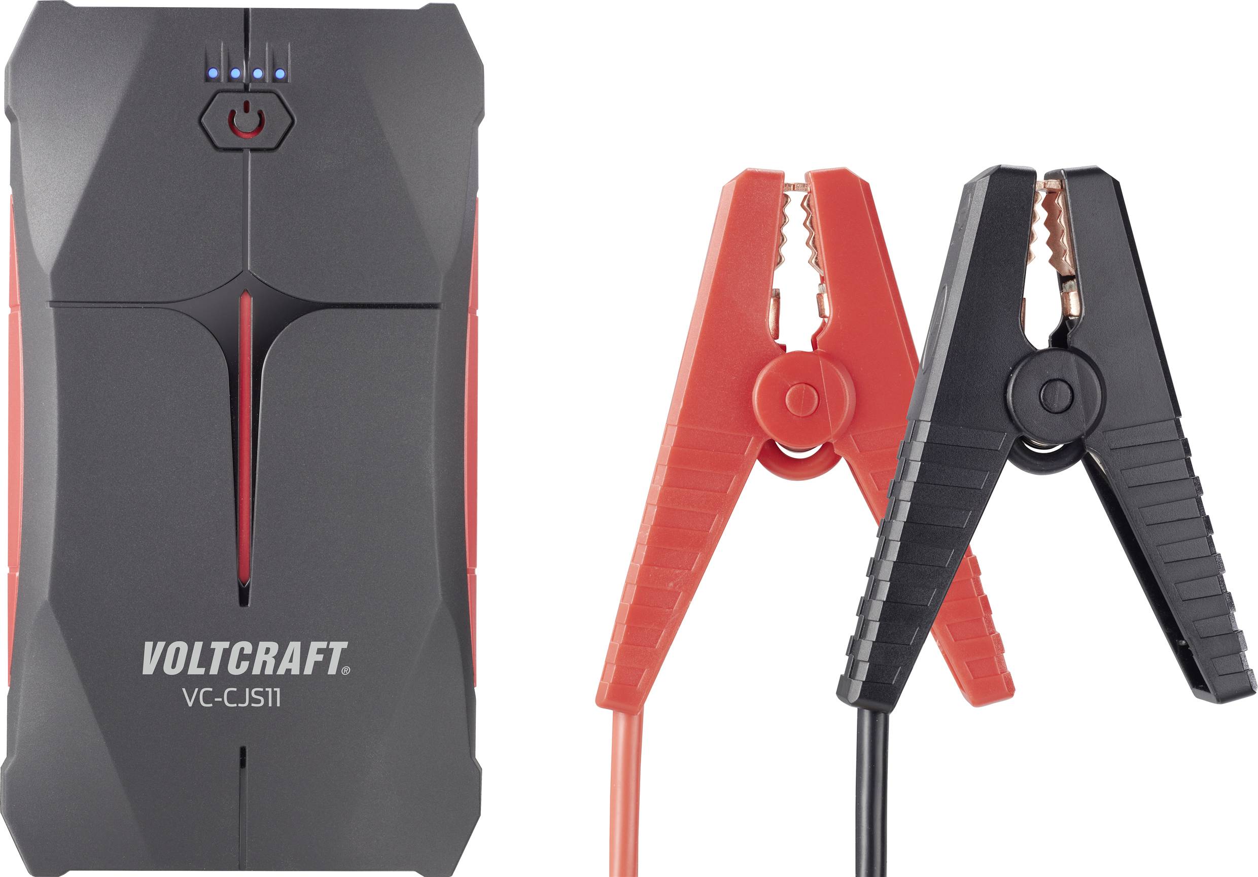 Een zwarte batterijlader met blauwe LED-indicatoren en een rode aan-/uitschakelaar naast rode en zwarte krokodilklemmen.