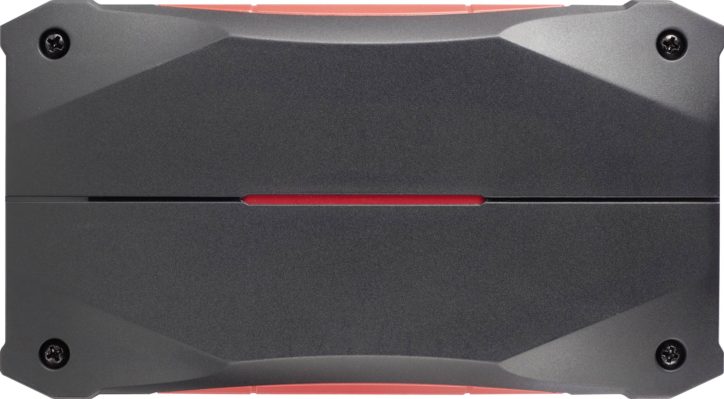 Zwart-rood rechthoekig apparaat met schroeven in de hoeken. Het heeft een gladde, symmetrische oppervlakte met een rode lijn in het midden.