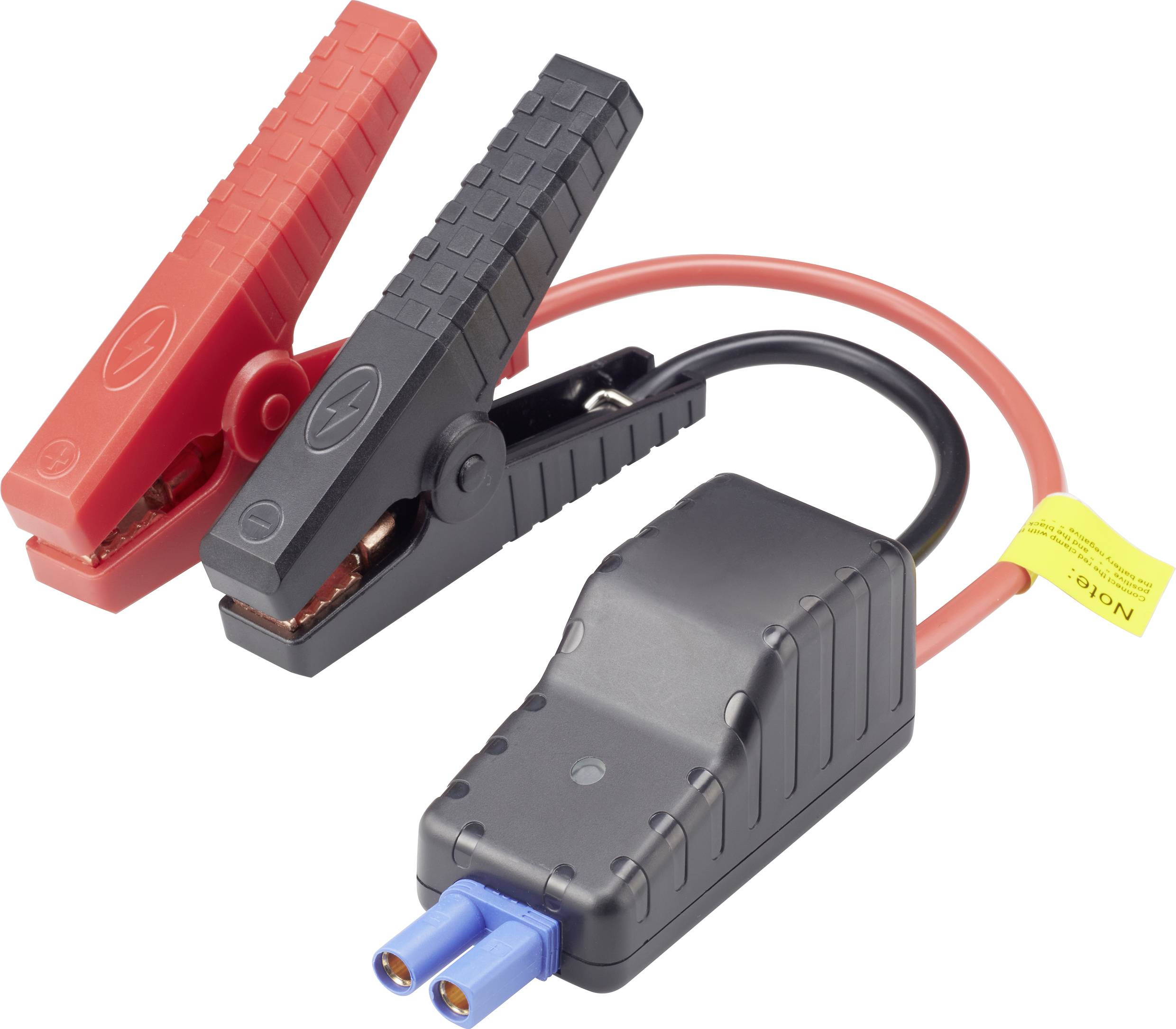 Overbrug kabels met rode en zwarte klemmen voor autobatterijen; zwart-blauw beschermbehuizing.