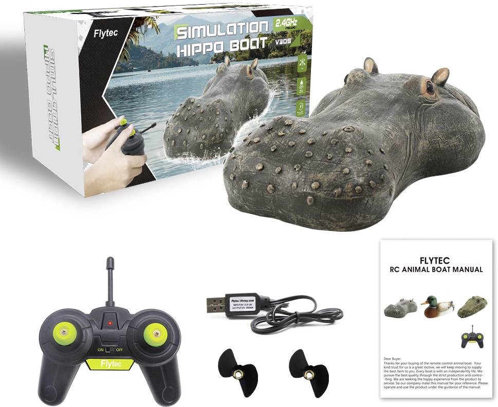 Een afstandsbediend bootje in de vorm van een nijlpaardkop met besturing, twee schroeven, USB-oplaadkabel en gebruiksaanwijzing. Verpakking toont het product in het water.