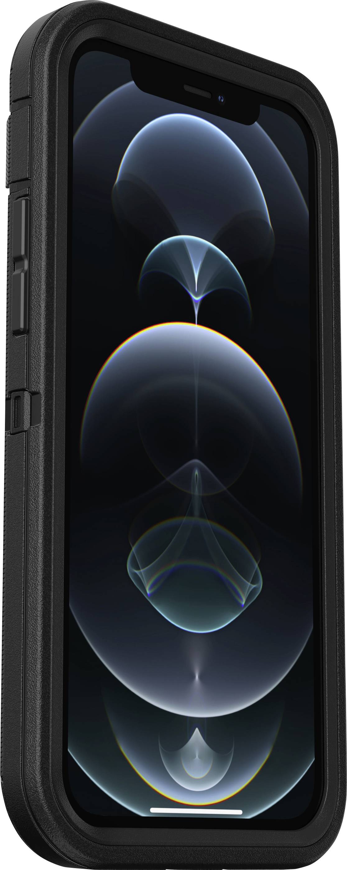 Een smartphone met een zwarte hoes toont een abstract, oplichtend achtergrondplaatje op het scherm, met zachte, belachtige vormen.