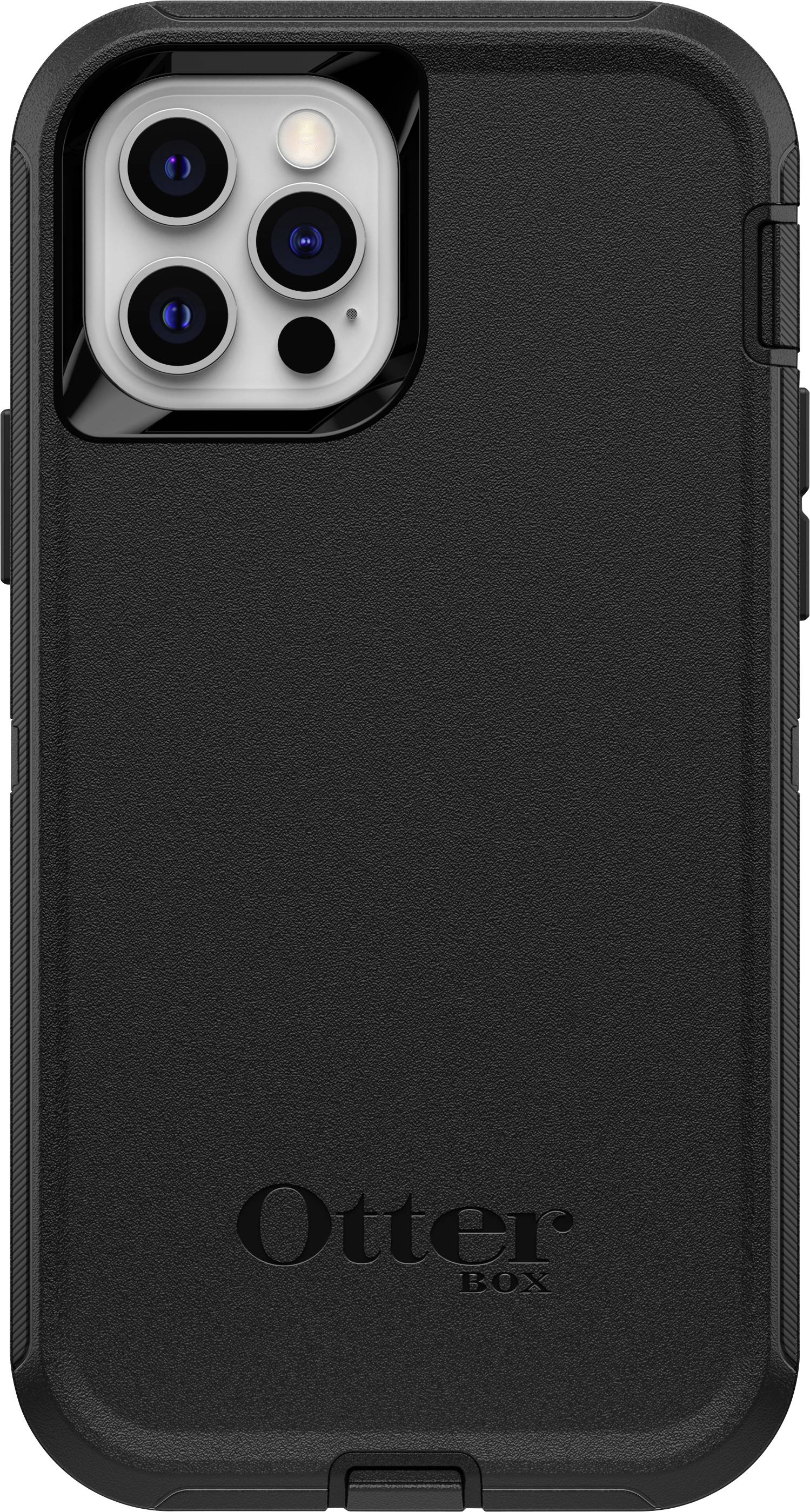 Een zwarte OtterBox-telefoonhoes voor een smartphone met drie camera-openingen en het OtterBox-logo onderaan.