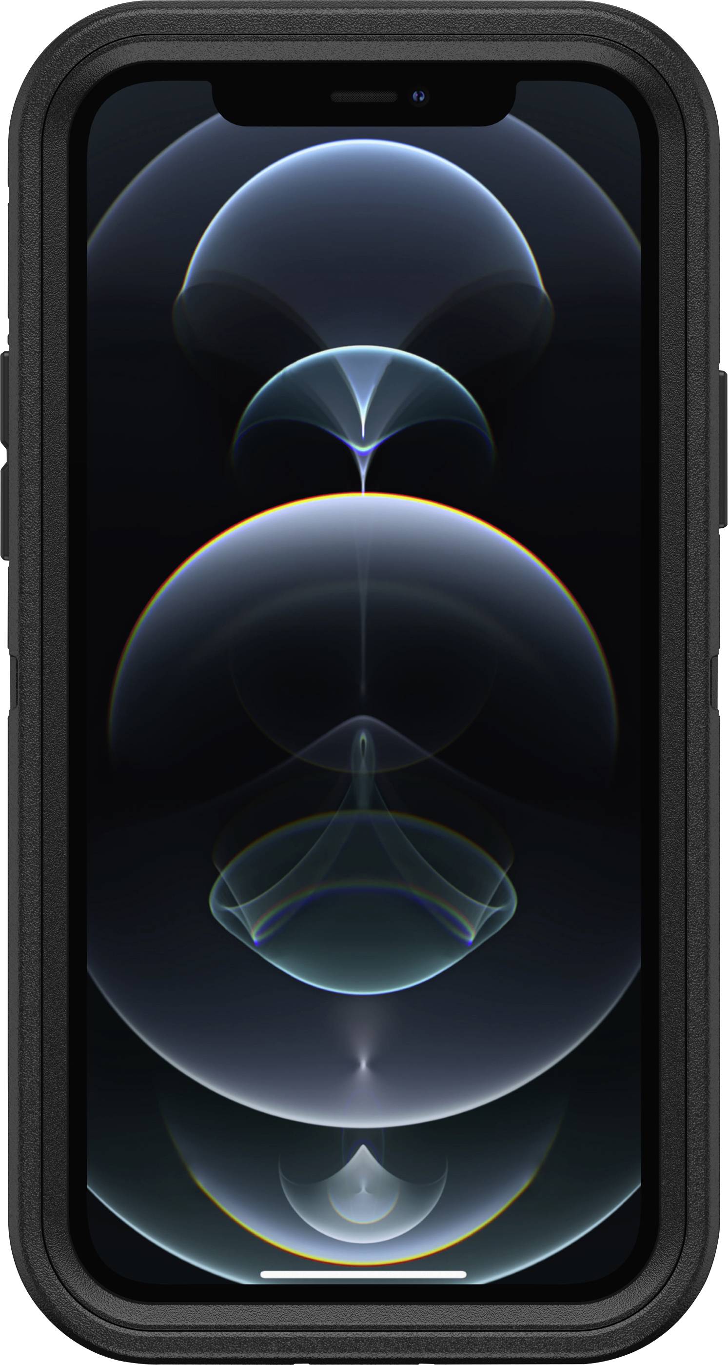 Smartphone met een donker scherm, toont een abstract lichtcirkelspatroon. Het apparaat heeft een robuuste, zwarte beschermhoes.